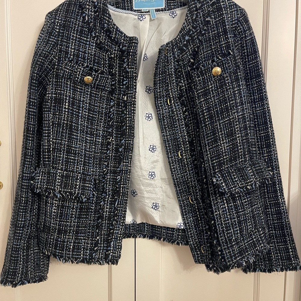 Draper James Black and White Blazer with Frayed Trim
